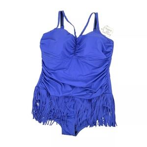 NEW A Shore Fit Swimsuit Womens Size 24W Blue Violet Ruched Fringe One Piece